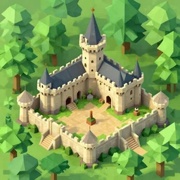 medieval castle in a jungle, 3 d, isometric, low poly, courtyard