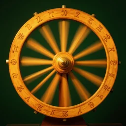 warm colors, high contrast hyperreal book title, no text, spinning wheel against dark green background, with twelve spokes and the signs of the zodiac as carved decoration, volumetric lighting