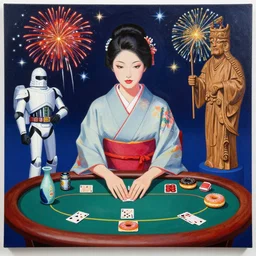 woman in a japanese kimono sitting at an extremely detailed poker table with the startrooper, sake, donuts on the table, fireworks and stars on the background, by andy warhol, by roy liechtestein, canvas, acrylic paint, wood - carving, cool color palette, 4 k, ultra - hd