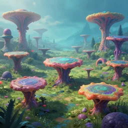 the meadows of an alien world where gravity is crushing and full of organisms that resemble walking tables, artstation front page, acidic colors