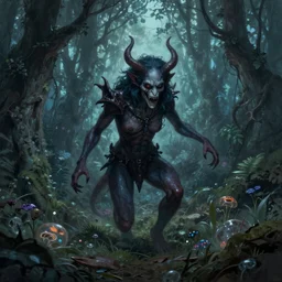 “a demon emergin from the ground in a magical forest, artwork”