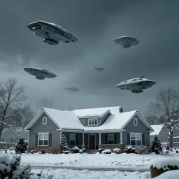 alien space ships in the sky over a suburban home, during winter with snow on the ground. high detail, eerie, 4 k uhd, 8 k, dream like, sharp, uneasy feeling, intricate, very detailed