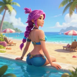 beautiful render of pool party Caitlyn (league of legends) looking at the horizon in a hawaii beach, 3d, octane render, realistic, highly detailed, trending on artstation