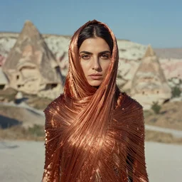 closeup portrait of a woman wrapped in copper fiber, standing in cappadocia in turkey, color photograph, by vincent desiderio, canon eos c 3 0 0, ƒ 1. 8, 3 5 mm, 8 k, medium - format print