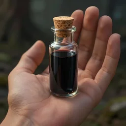 epic detailed digital art of a normal hand holding a single tiny unlabeled clear corked bottle half-full of mysterious black liquid; magic the gathering art by Volkan Baga, artstation
