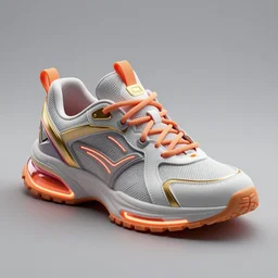 realistic 8 k sculpture of 1 futuristic sneaker with neon illuminated rubber soles and soft orange laces on a grey surface, clean 3 d render, beautiful studio lighting, soft, sharp focus, cyberpunk, intricate detail, gold and red accents, soft rubber, octane render, trending on artstation, deviantart, art by wright and syd mead and mullins