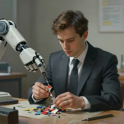 a painting of a human wearing a suit being assembled from pieces by a robot hand. featured on artstation. detailed scfi - fi. cinematic
