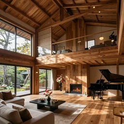 luxurious wooden cottage, modern Japanese living room, Japanese flower arrangements, grand piano, fireplace,  coherent composition, architecturally accurate, real estate photography