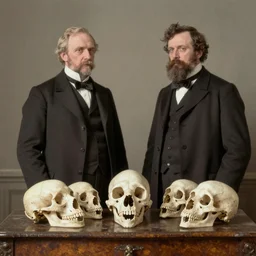 realistic naturalist richard owen and naturalist thomas henry huxley standing over antique table with anatomical monkey skulls, victorian, carte de visite