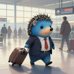 a cute blue hedgehog wearing a business suit, dragging a trolley suitcase in a busy airport, early morning hours, long shadows, extremely detailed, fantasy painting, by jean - baptiste monge!!!!