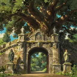 epic city gate out of a mighty oak forest, beautiful architecture, statues, fine detailed, atmosphere, golden hour, fantasy, cinematic composition, close up, low angle, octane render, by miyazaki, studio ghibli