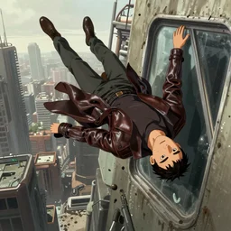 animated movie poster of an android falling off a large windowed building in a muddy cyberpunk city, muted colors, anime, futuristic, highly detailed, octane render, movie poster, wearing a leather trench coat, realistic face details, realistically proportioned face, illustration, digital painting, matte painting, good value control, rule of thirds