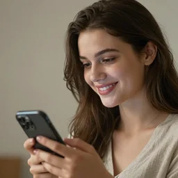 a portrait of a  beautiful young lady smiling at a text she just received on her smartphone, in style of Hans Zatzka, high details, cinematic, 8k resolution, beautiful detailed, artstation trending, octane render, unreal engine