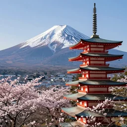 mt fuji with pagoda and cherry blossoms, by leonid afremov,