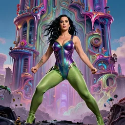 movie still frame, katy perry as she - hulk in epic pose, a psychedelic melting building in the background, intricate details, beautiful composition, 8 k, cgi, by ridley scott, james cameron, zack snyder and michael bay