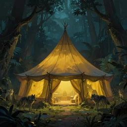 a fantasy painting of a huge tent in the middle of a mystical jungle, yellow light coming through the tent, night time, wolves in the background, fantasy, eerie, digital painting, matte, smooth, trending on artstation