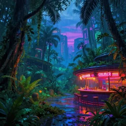 landscape by eugene boudin, magic realism thermal vision lightpaint rainforest at dusk neon noir thermal imaging cyberpunk nature dramatic lighting vice city wilderness neon signs futuristic scumm bar tokyo cgsociety apocalyptic vaporwave matte painting sunny liberty city bioshock alien, archdaily, wallpaper, highly detailed, trending on artstation.