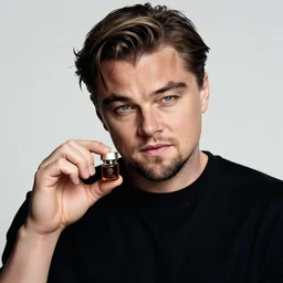 detailed studio portrait of leoanrdo dicaprio holding tiny jar of tincture. watching ar camera. studio light, polished look, solid background, ad, fashion photography, by pierpaolo ferrari and maurizio cattelan, 3 5 mm photograph, david lachapelle, canon eos c 3 0 0, 8 k