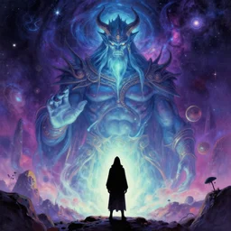 a cloaked hooded silhouette visits an imprisoned giant air elemental god who knows the secrets of the cosmos by ralph horsley, highly detailed illustration, matte painting, ilvya kuvshinov, rossdraws, maya, pixar, engine, vibrant colors