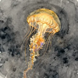 The shining golden queen of jellyfish soars in the thick gray stormy ocean artstation , watercolor, highly detailed, portrait, by krenz cushart