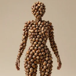 a beautiful hyper-realistic woman with a body made up of dozens of highly detailed acorns