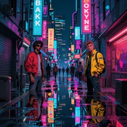 a cyberpunk alley filled with neon signs in future tokyo at night, reflections on wet ground by sachin teng and pascal blanche nekro josan gonzalez rhads ruan jia. in style of digital art. colorful comic, film noirs, symmetry, vibrating colors, hyper detailed. octane render, artstation, clear, sharp, straight lines
