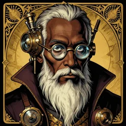a detailed portrait illustration of a steampunk wizard - sage. beautiful black male face, thin, hollow eyes, coke - bottle glasses. art nouveau, pop art, comic book style. influenced by neil gaiman, h. p. lovecraft, dan mumford, dariusz zawadzki, vadim voitekhovitch, osborne macharia, ross tran,.