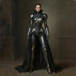 full body portrait of beautiful gothic and futuristic fashion model, tight space armour, cyber armour, highly detailed, artstation, illustration, composition, 8 k quality, art by jean delville, rene magritte, hyperrealism oil painting