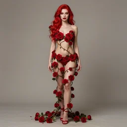 a beautiful red woman, symmetrical portrait, realistic, full body, red roses, vine twist, rich details, by artgerm