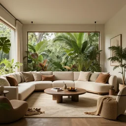 a beautiful matte painting of a beautiful living room which looks like a oasis, rectilinear, octane render, ultrawide angle, featured on behance, trending on artstation, well - rendered, photorealistic.
