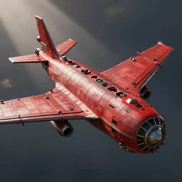 game concept art, a industrial space freighter, stable wing, red hull, rectangular heat - resistant plate, ring structure at rear, no background