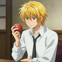 blonde Even Peters as Light Yagami holds an apple. Death Note live tv adaptation, Netflix series, adversitement