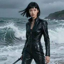 latent space, rolling crashing waves, youthful asian blade runner demure, 3 5 mm, realistic exquisite features, feminine cut, pris mascara, 2 2 4 9's frontiers in flight leather suit, smoke, grain, misty, stephane sednaoui, id magazine photoshoot
