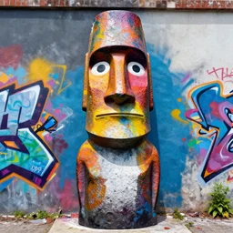 moai statue popart slap face caricature cartoon graffity, romero britto, mark ryden bill cipher colorful vibrant beeple, by thomas kinkade