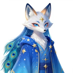 portrait from an anime of an ethereal colorful blue starry fox peacock character accented in gold, wearing star filled magic imbued mage robes, wearing lots of gold jewelry and gems, set in observatory at night, art by yuji ikehata, background art by miyazaki, art direction from haruko ichikawa, proper human proportions, fully clothed,