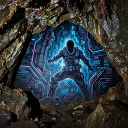 a cave painting of a cyberpunk cave