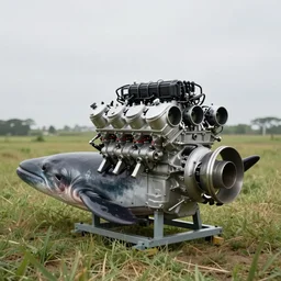a cachalot with a v 8 engine instead of its head, eight - cylinder piston engine, wide angle, side - view, perspective, field of view, rectangular
