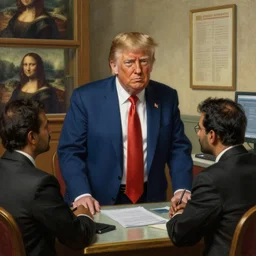 a beautiful painting of donald trump being one of the consultants in an indian scam center, by leonardo da vinci, ultra - detailed, 8 k