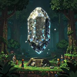 4k a large stone or crystal hovering and rotating above a forest stand from Terraria Game , Surrounded deep forest from terraria game by Craig Mullins, ilya kuvshinov, krenz cushart, epic , artgerm trending on artstation by Edward Hopper and Dan Mumford and WLOP and Rutkovsky, beksinski carl spitzweg moebius and tuomas kocar, intricate artwork by caravaggio, Unreal Engine 5, Lumen, Nanite