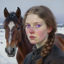 portrait of a nordic women with violet eyes in a snowy tundra, the girl with violet eyes has a horse. by Daniel F. Gerhartz, hyperrealistic oil painting, 4k, very detailed faces, studio lightning