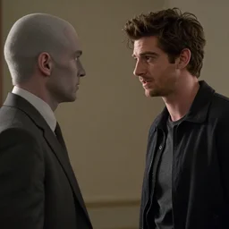 film still of Andrew Garfield as Hughie Campbell in the Boys (2022 show) talking to Homelander, 4k, film grain, insanely detailed, photorealistic