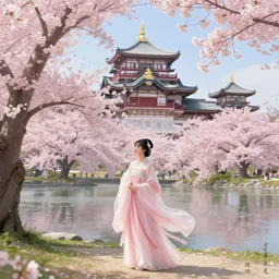 a beautiful picture of sakura in full bloom, palace ， a girl in hanfu, by greg rutkowski and thomas kinkade, trending on artstation