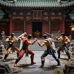 photo of figma figures inside a diorama, depicting the fighters of mortal kombat brutally fighting each other inside a shaolin temple.