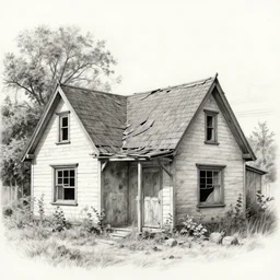 Well-detailed 1980s abandoned cottage, skillful pencil rendering magnus opus