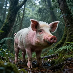 gollum with body of a pig, rainy forest , trail cam