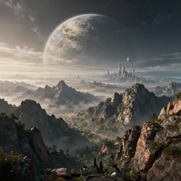 beautiful alien planet mountain landscape with a sci-fi city in the background, art, high detail, high definition, photorealistic, hdr,
