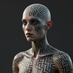 : androgynous person with maze pattern skin all over hyper detailed art station  dalle2  unity contest winners unrealengine trending on artstation,cinematic, hyper realism, high detail, octane render, 8k