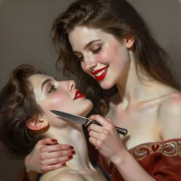 “ daria strokous as femme fatale smiling, with red lips, holding knife on her victim ’ s throat intricate, elegant, highly detailed, digital painting, artstation, concept art, smooth, sharp focus uhd 8 k, art by artgerm and greg rutkowski and alphonse mucha ”