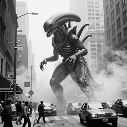 old black and white photo, 1 9 1 3, depicting a giant alien kaiju monster rampaging through the bustling streets of new york city, historical record, volumetric fog
