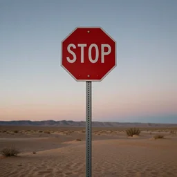 Stop sign in the middle of the desert, perspective from below, evening time, artsy